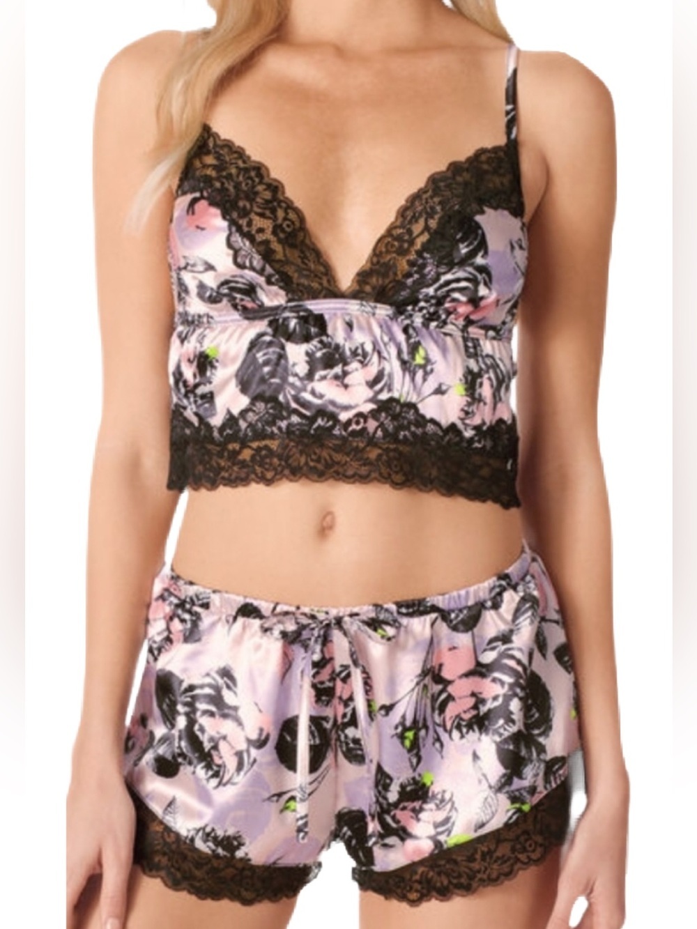 La SENZA NWT Pink Floral Pink and Black Satin Lace-Trim Pajama Set Size Small